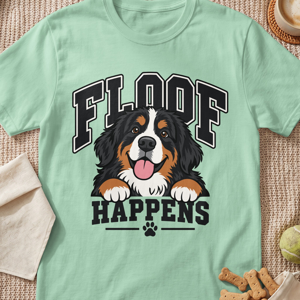 Light green t-shirt with a smiling Bernese Mountain Dog graphic that says "FLOOF HAPPENS".