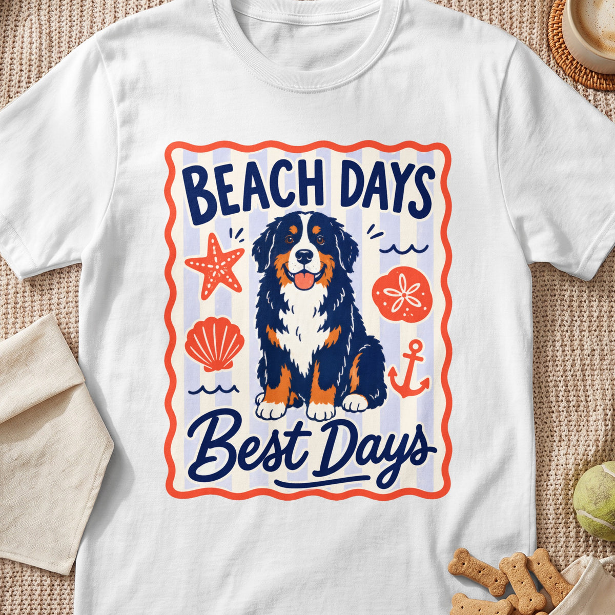 A white t-shirt featuring a Bernese Mountain Dog graphic surrounded by beach-themed icons and the text BEACH DAYS Best Days.