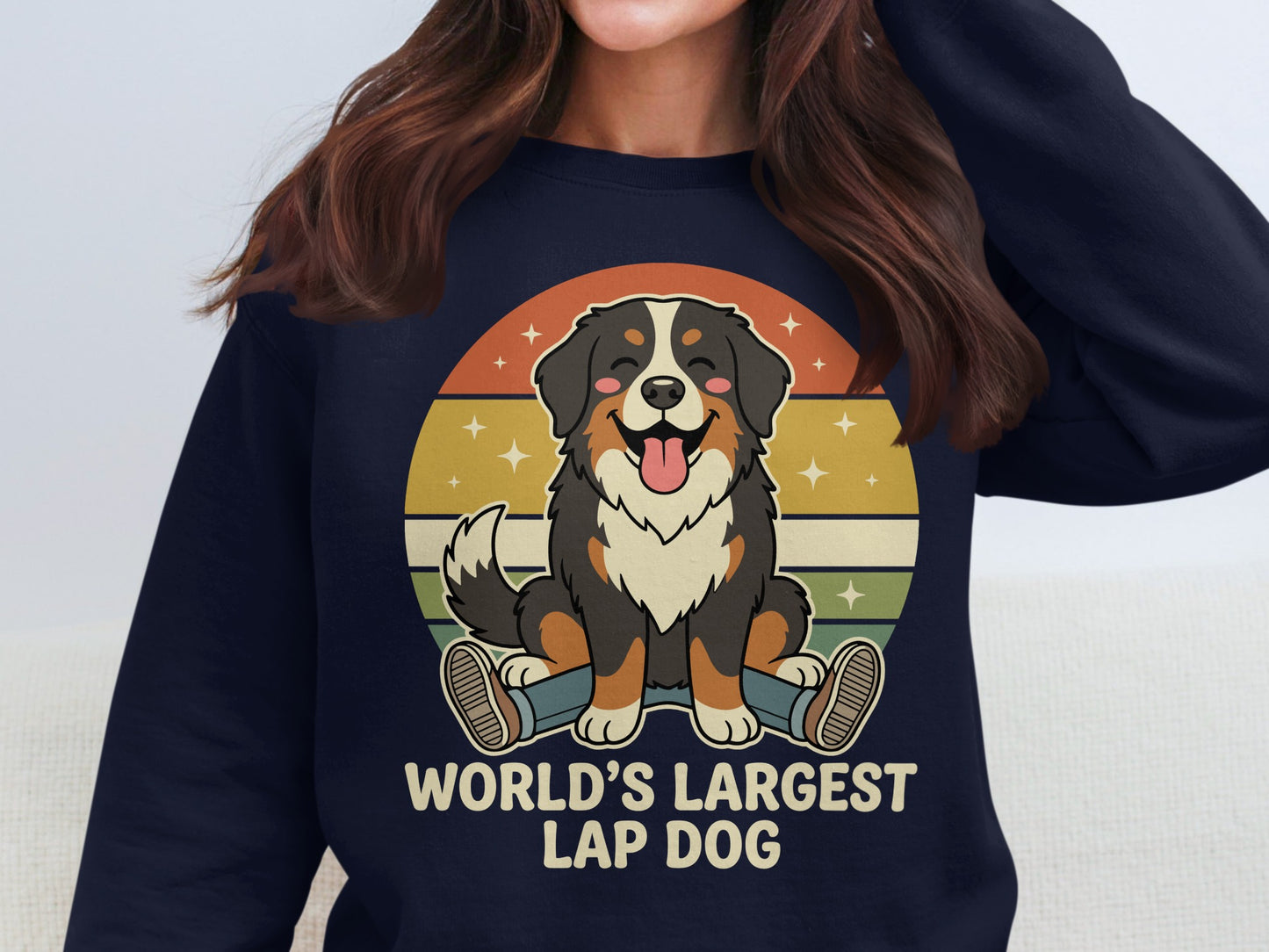 Bernese Mountain Dog cartoon with text "WORLD'S LARGEST LAP DOG"