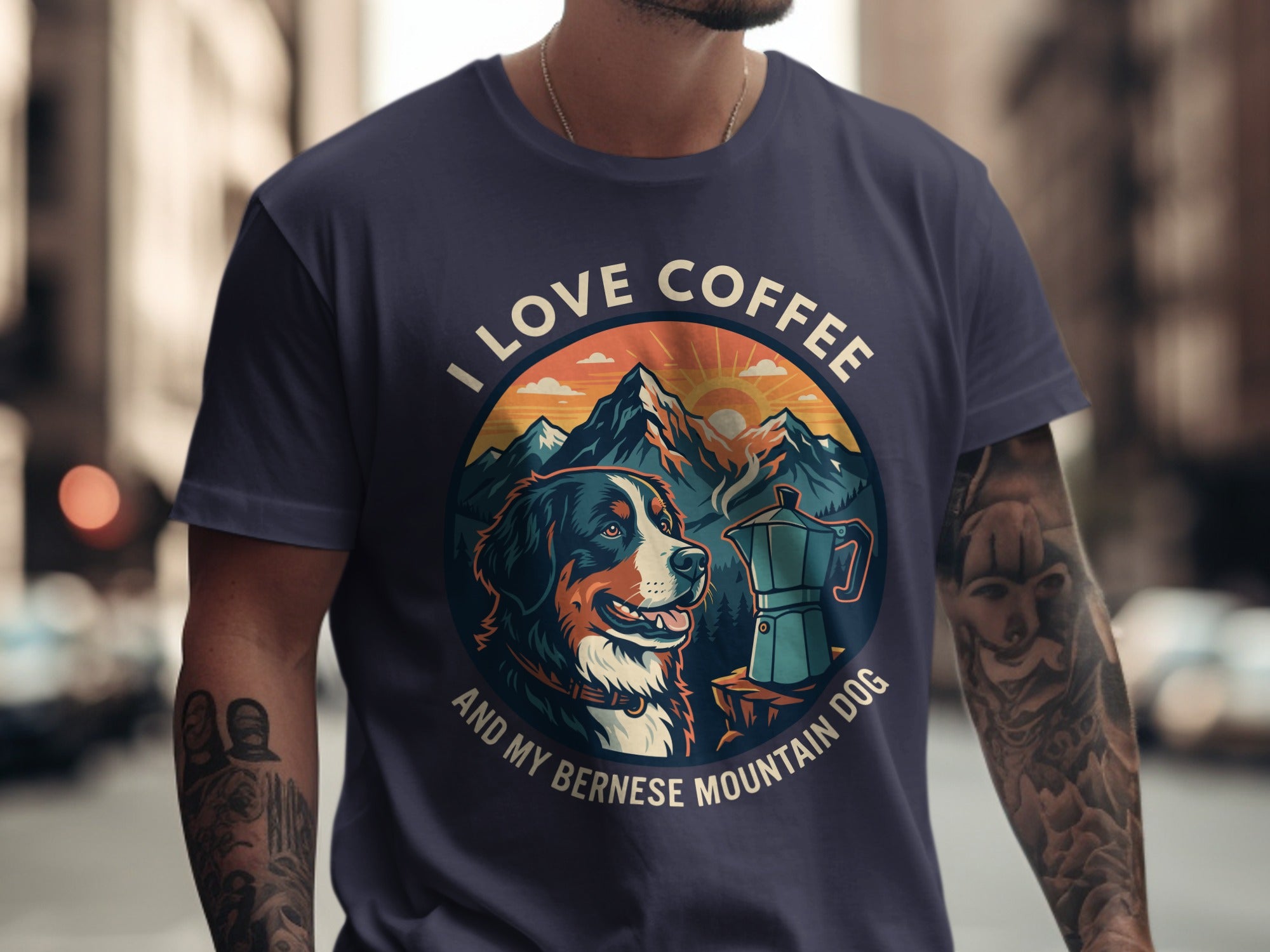 Dark blue t-shirt with a circular graphic: "I LOVE COFFEE AND MY BERNESE MOUNTAIN DOG."