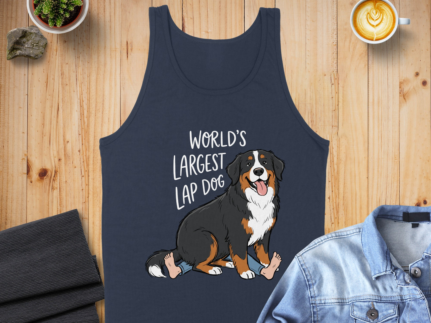 Navy tank top with illustration of a Bernese Mountain Dog and text "World's Largest Lap Dog."