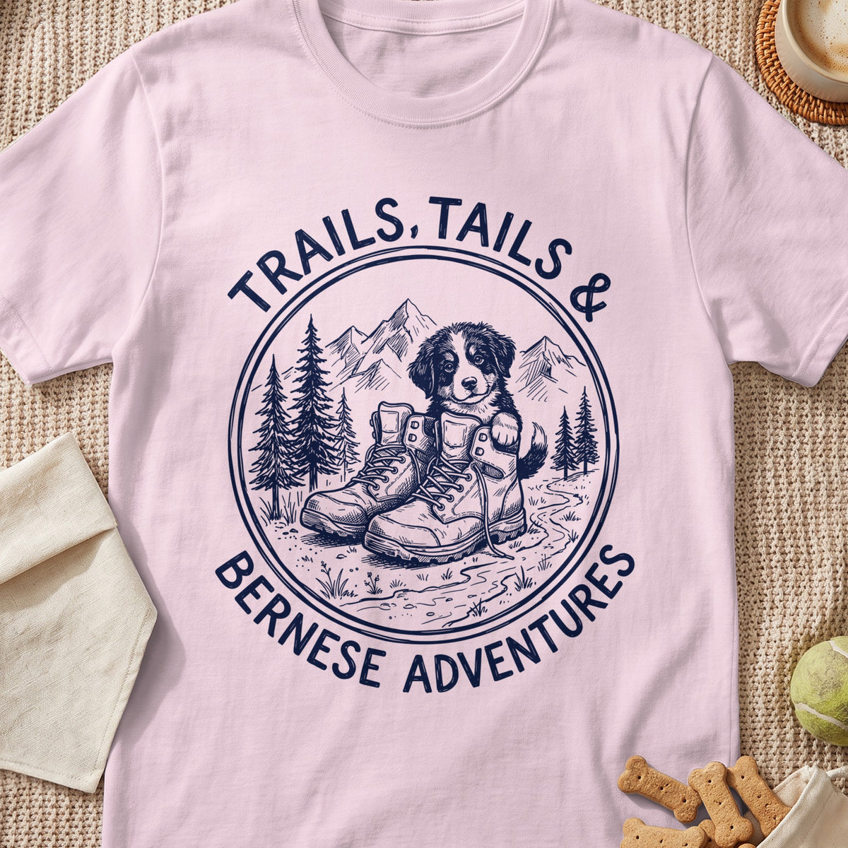 Bernese puppy in boots with mountains and trees, "Trails, Tails & Bernese Adventures" text.