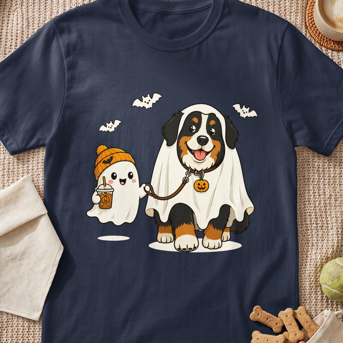 Bernese Mountain Dog and ghost wearing costumes with bats and pumpkin accents.