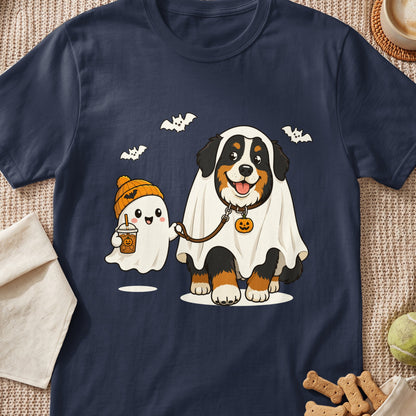 Bernese Mountain Dog and ghost wearing costumes with bats and pumpkin accents.