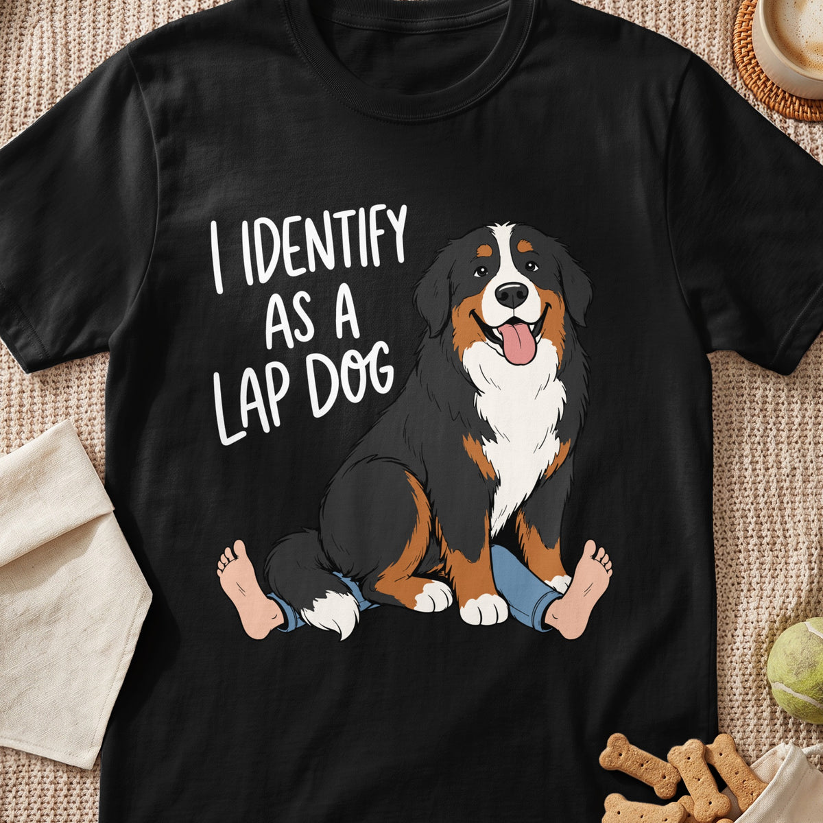 Black t-shirt with a Bernese Mountain Dog sitting and the text "I IDENTIFY AS A LAP DOG".