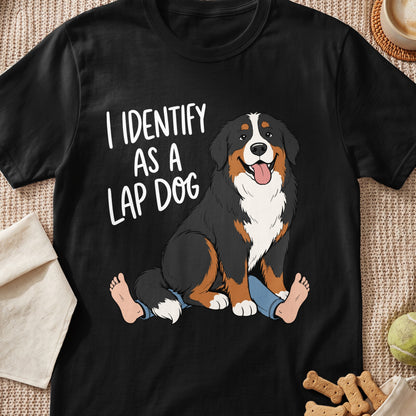 Black t-shirt with a Bernese Mountain Dog sitting and the text "I IDENTIFY AS A LAP DOG".