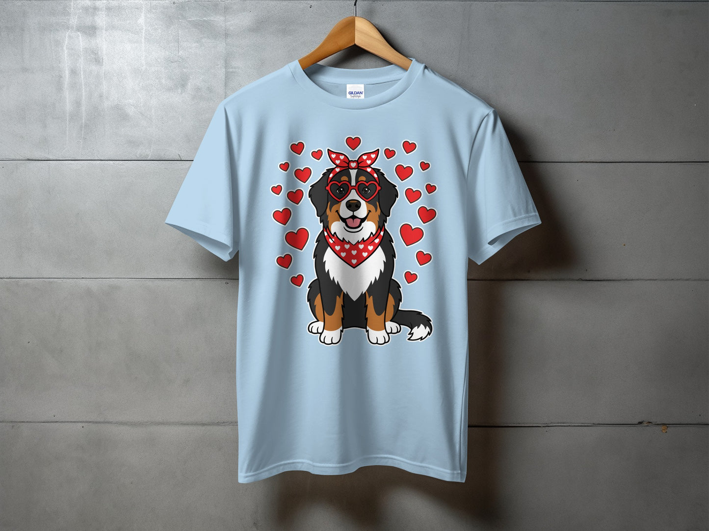 Cute Dog with Hearts Graphic on Light Blue T-Shirt