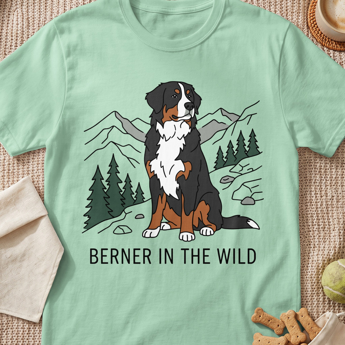 Bernese Mountain Dog sitting in a wild landscape with trees and mountains. Text says "BERNER IN THE WILD".