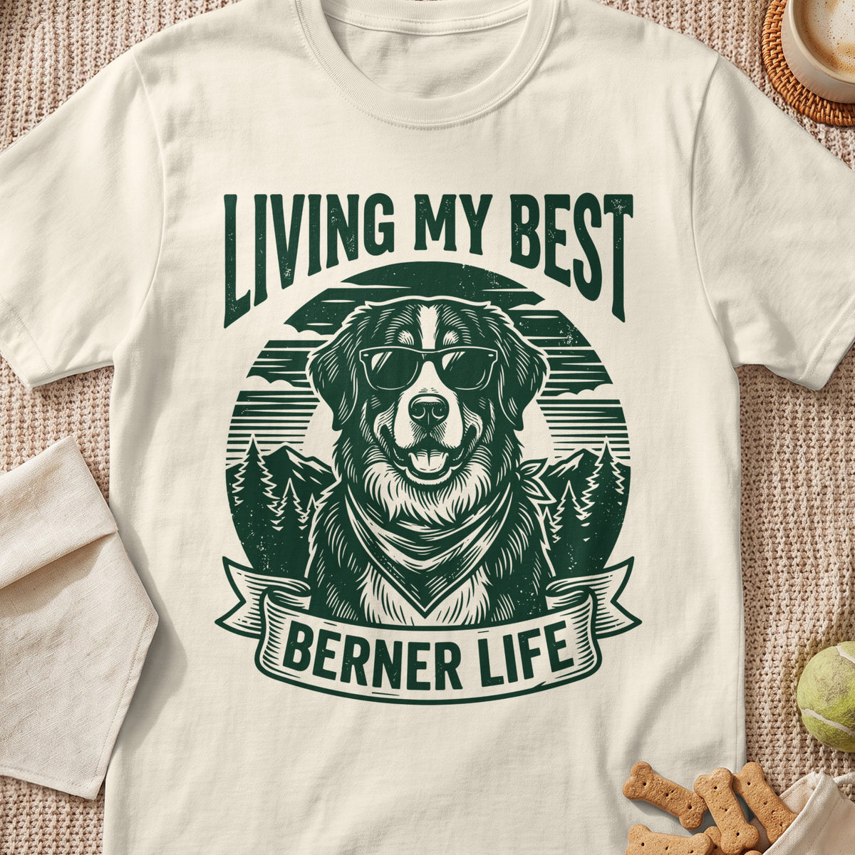 Bernese Mountain Dog with sunglasses and bandana, text "LIVING MY BEST BERNER LIFE."