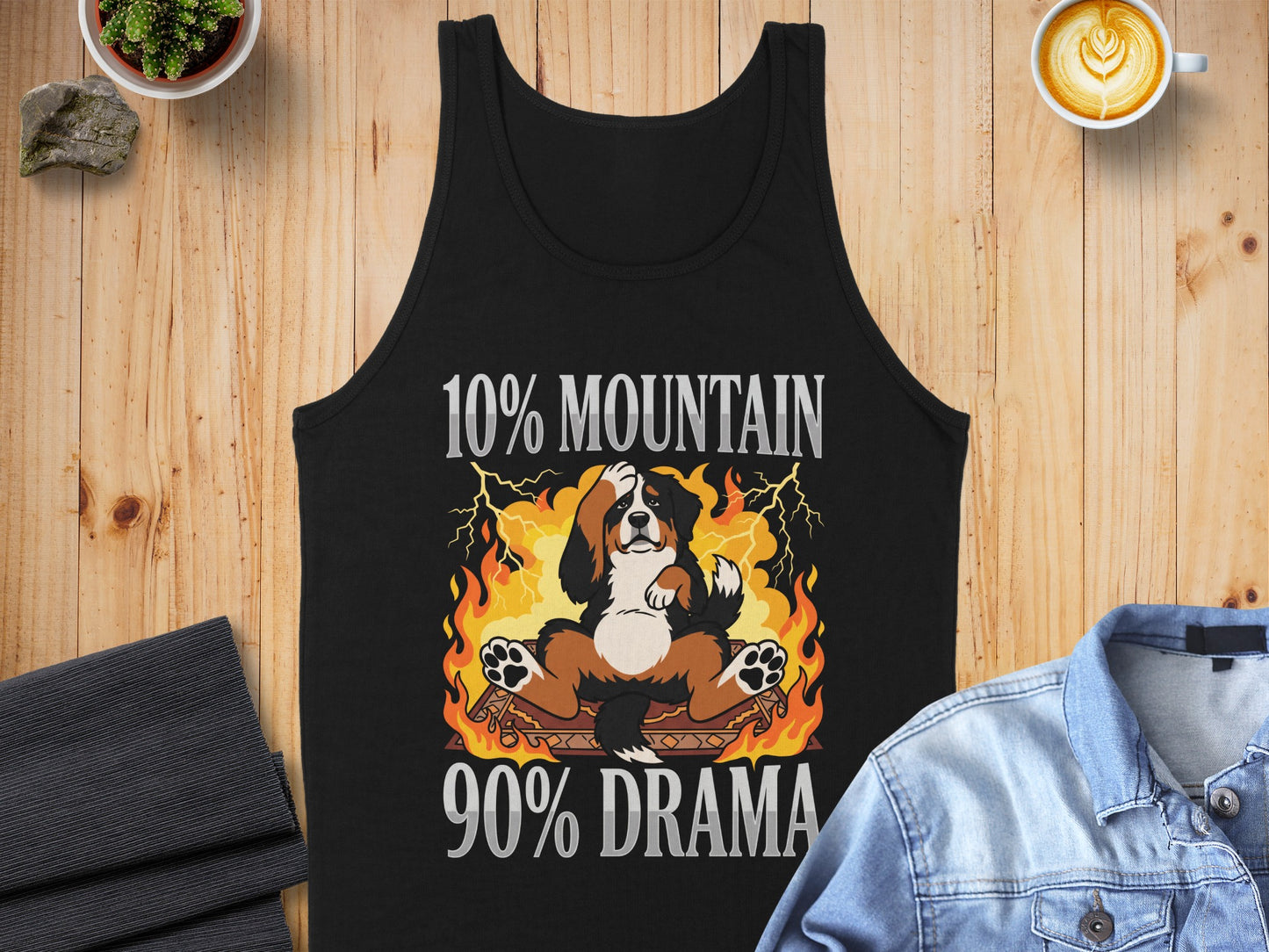 Black tank top with Bernese Mountain Dog graphic reading "10% Mountain 90% Drama".