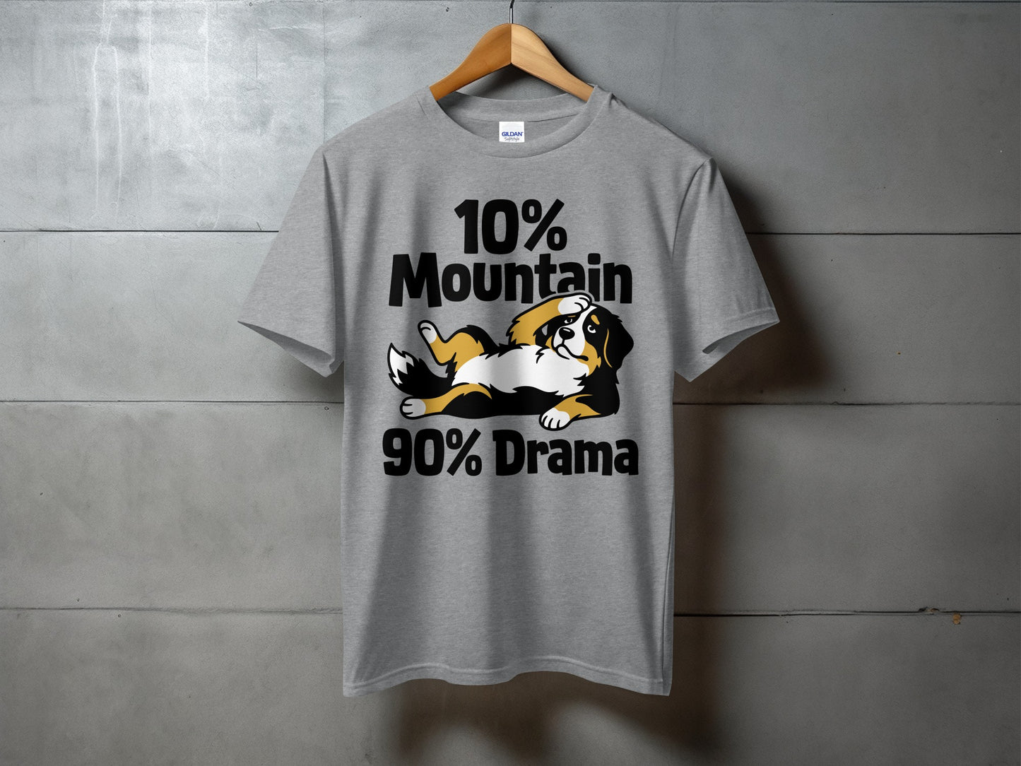 Grey t-shirt with 10% Mountain 90% Drama text and cartoon dog.