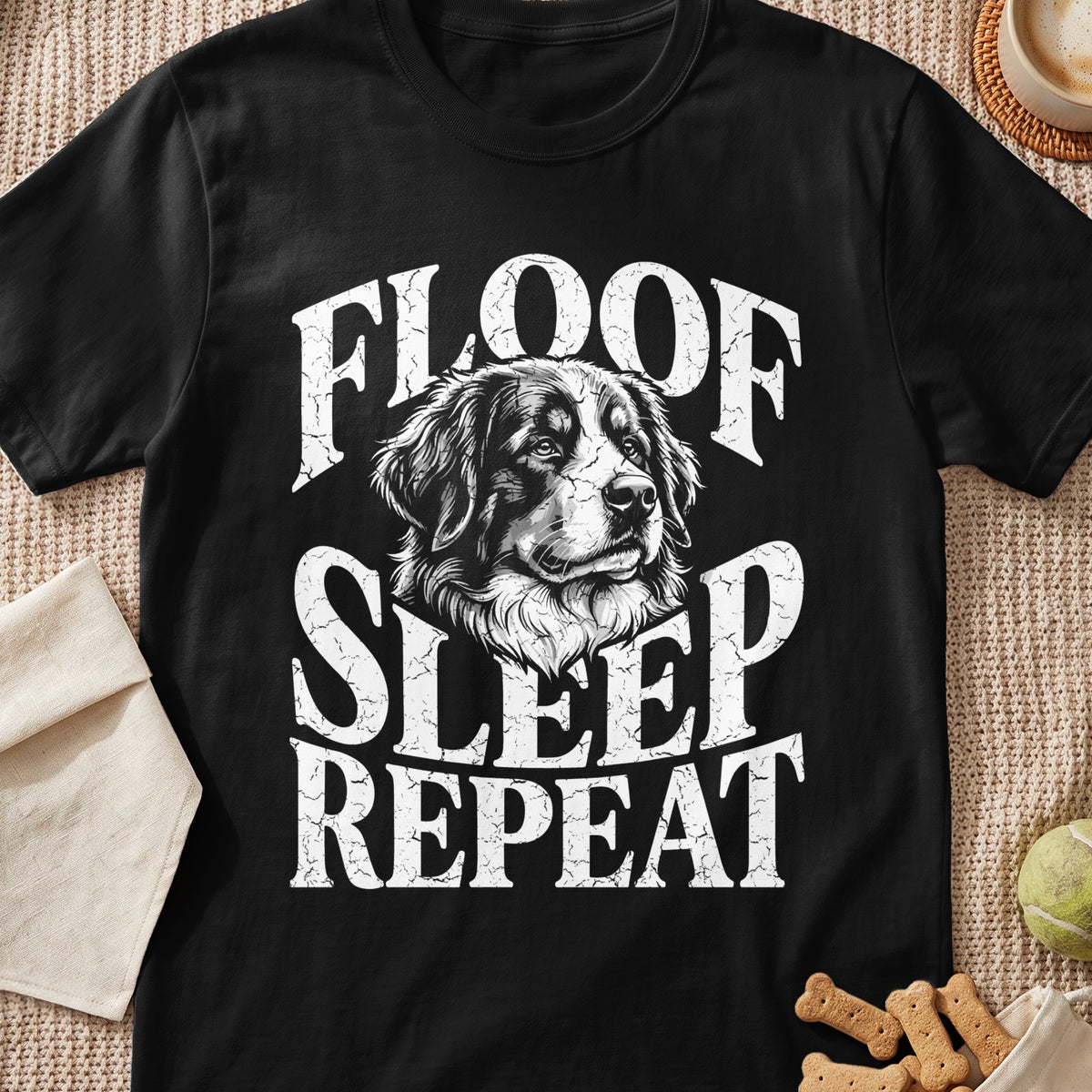 Black t-shirt with a dog portrait and text "FLOOF SLEEP REPEAT".