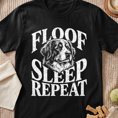 Black t-shirt with a dog portrait and text "FLOOF SLEEP REPEAT".