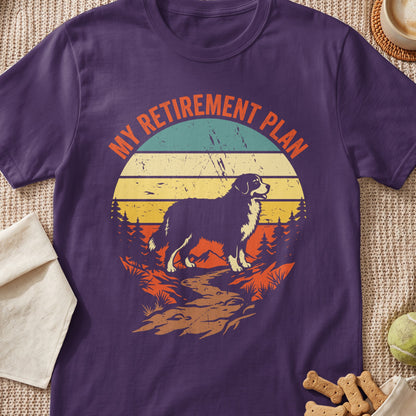 Purple t-shirt with "My Retirement Plan" and a dog in a vintage sunset landscape.