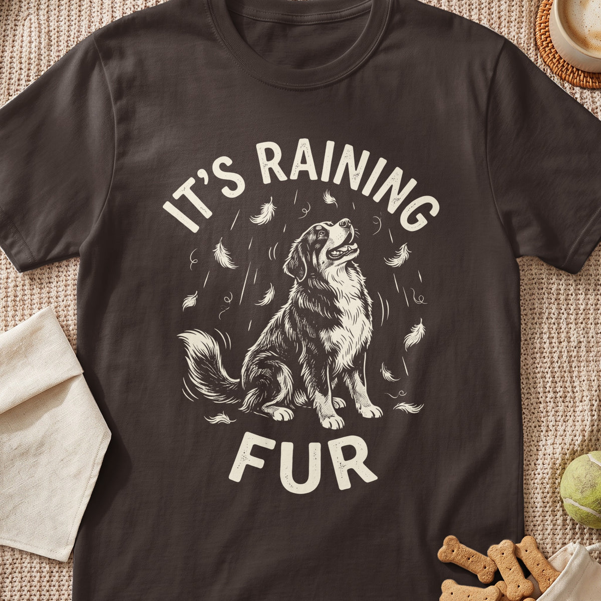 Brown t-shirt with "It's Raining FUR" text and a dog graphic.
