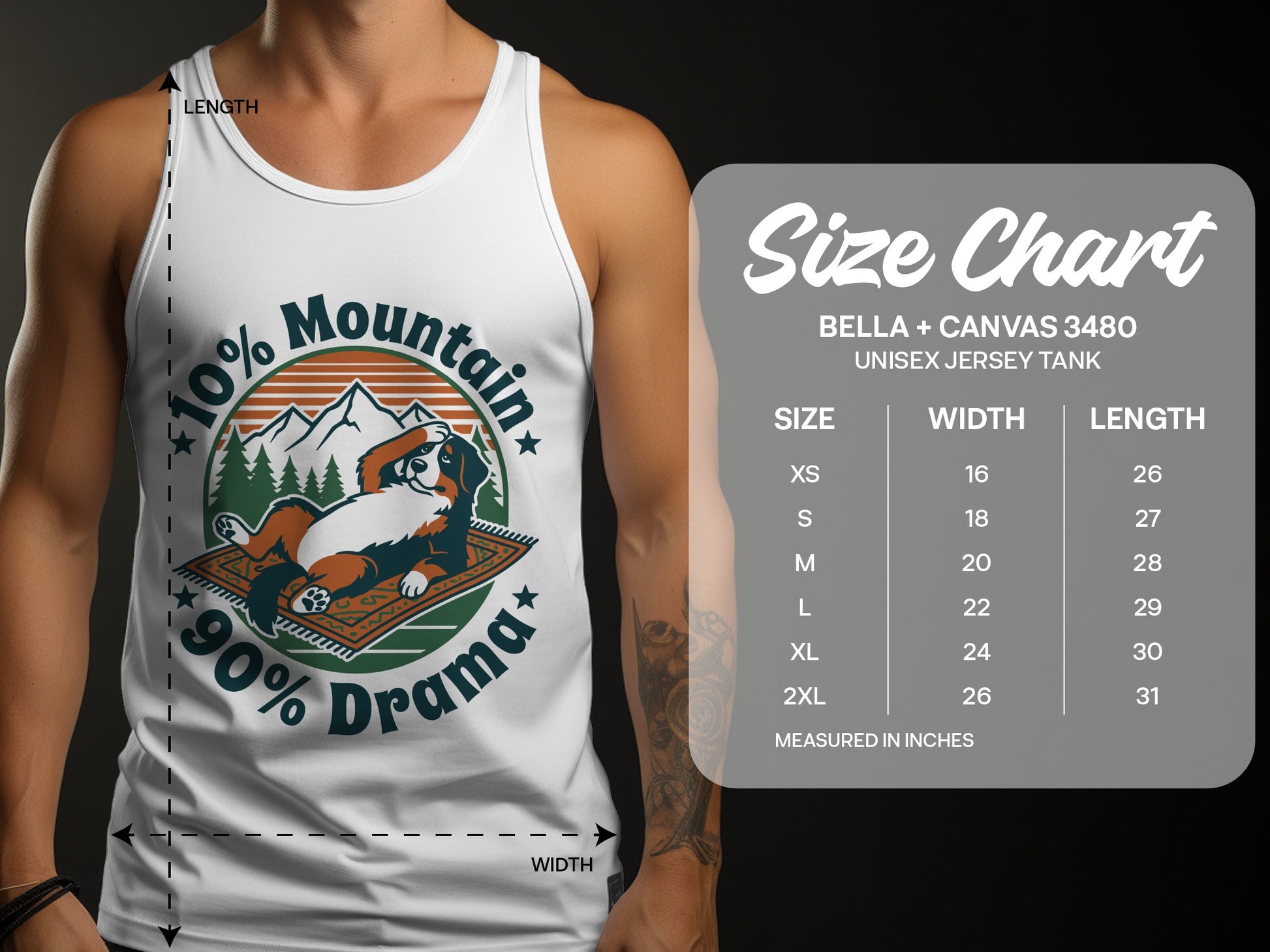 White Bella + Canvas 3480 tank top with a dog graphic and size chart.