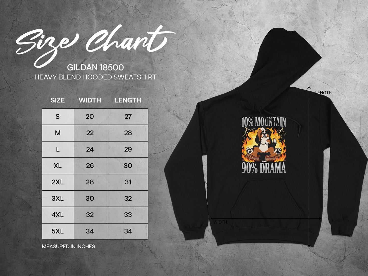 Gildan 18500 size chart for heavy blend hooded sweatshirt in inches.