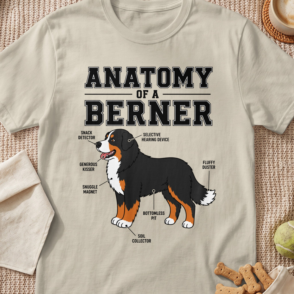 Anatomy of a Berner diagram with humorous labels on a light tan shirt.