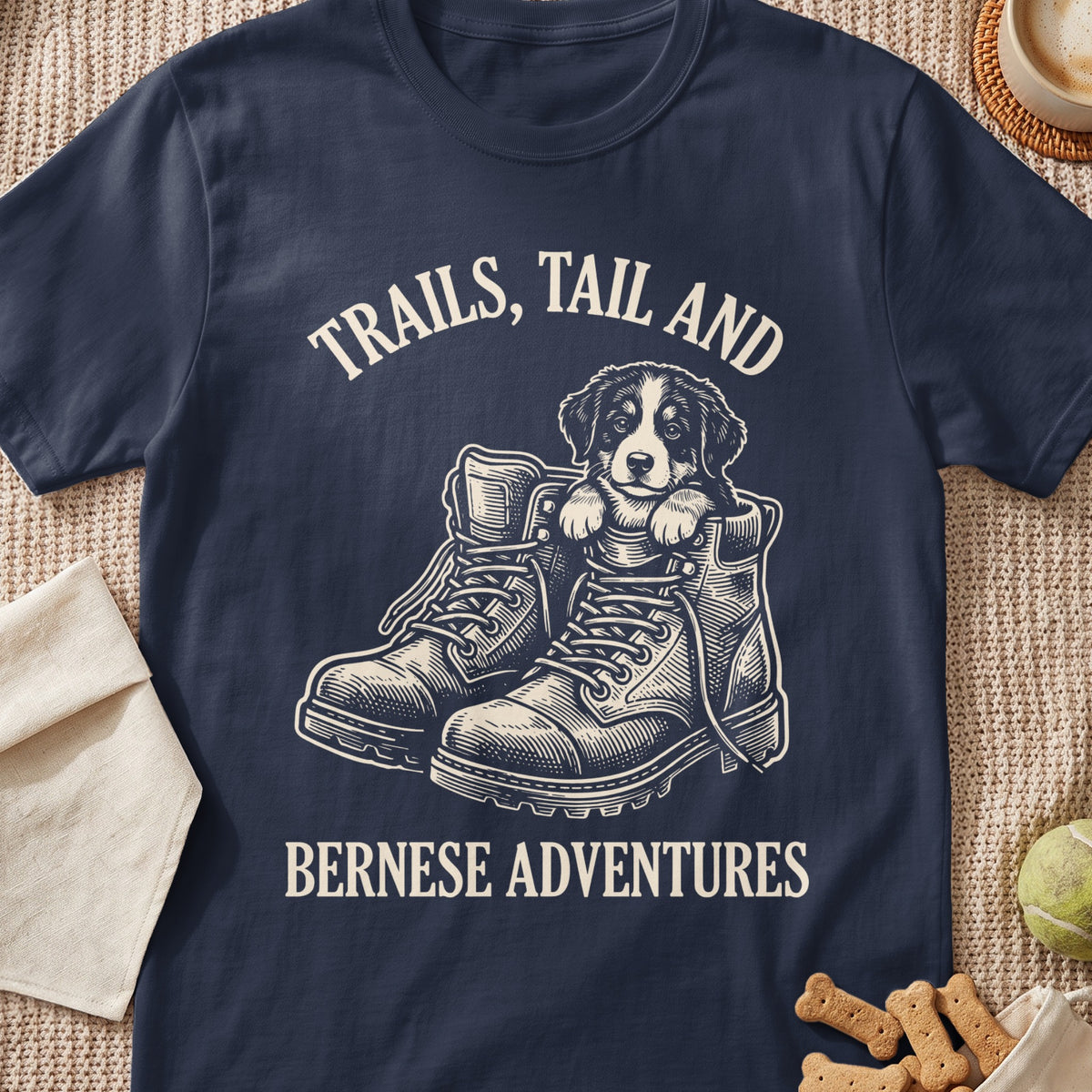 Bernese puppy in boots with "Trails, Tail and Bernese Adventures" text.