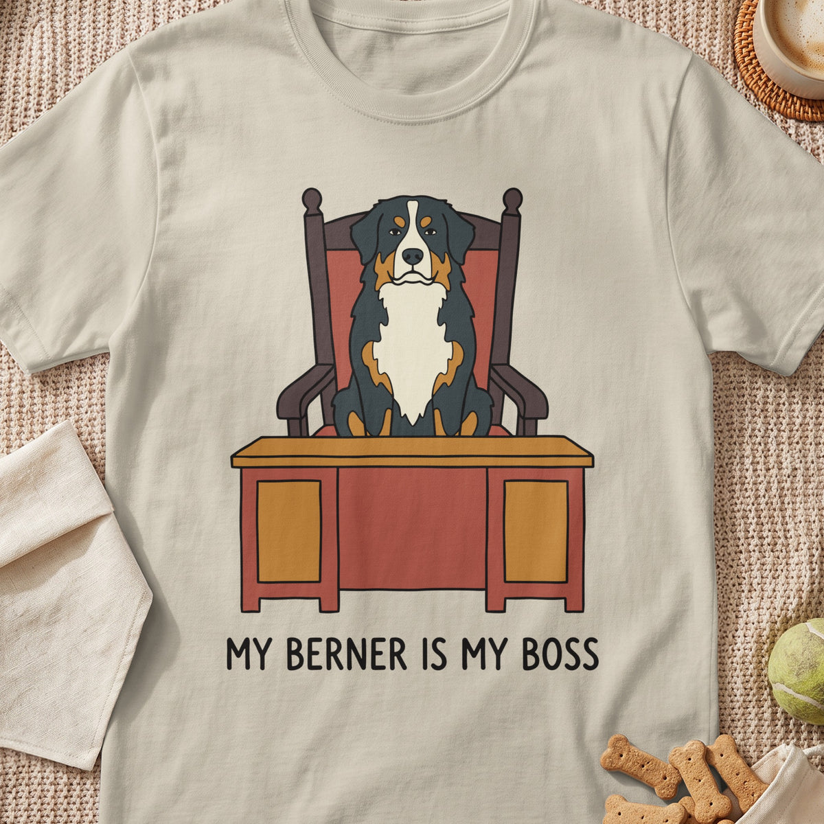 Bernese Mountain Dog sitting in a chair behind a desk with text "MY BERNER IS MY BOSS".