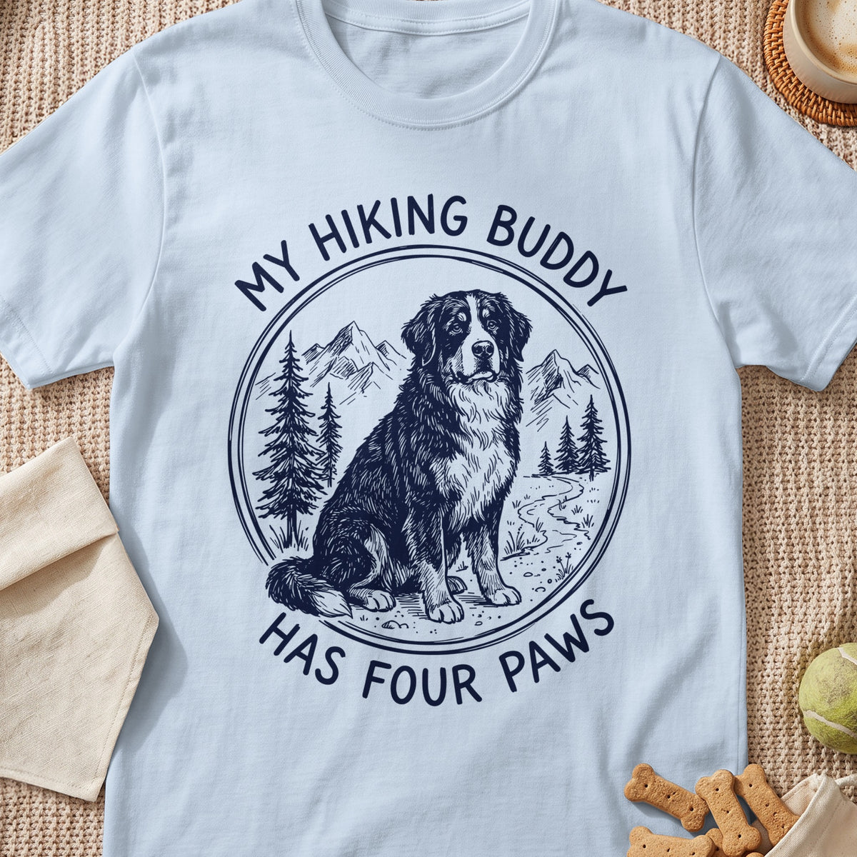 White t-shirt with "My Hiking Buddy Has Four Paws" text and dog illustration.