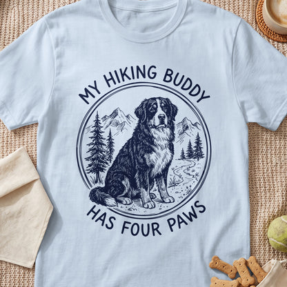 White t-shirt with "My Hiking Buddy Has Four Paws" text and dog illustration.