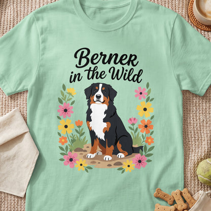 Mint green t-shirt with "Berner in the Wild" text and a sitting Bernese Mountain Dog illustration.