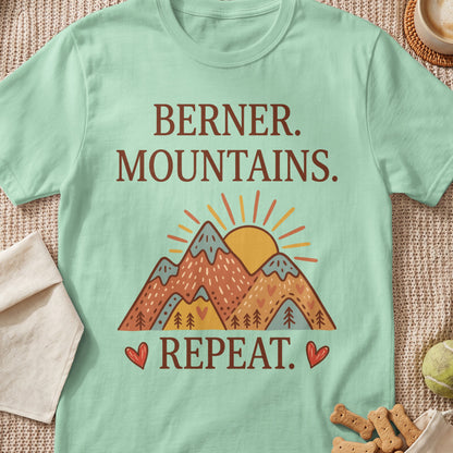 Light mint green t-shirt with "Berner. Mountains. Repeat." and a mountain graphic.