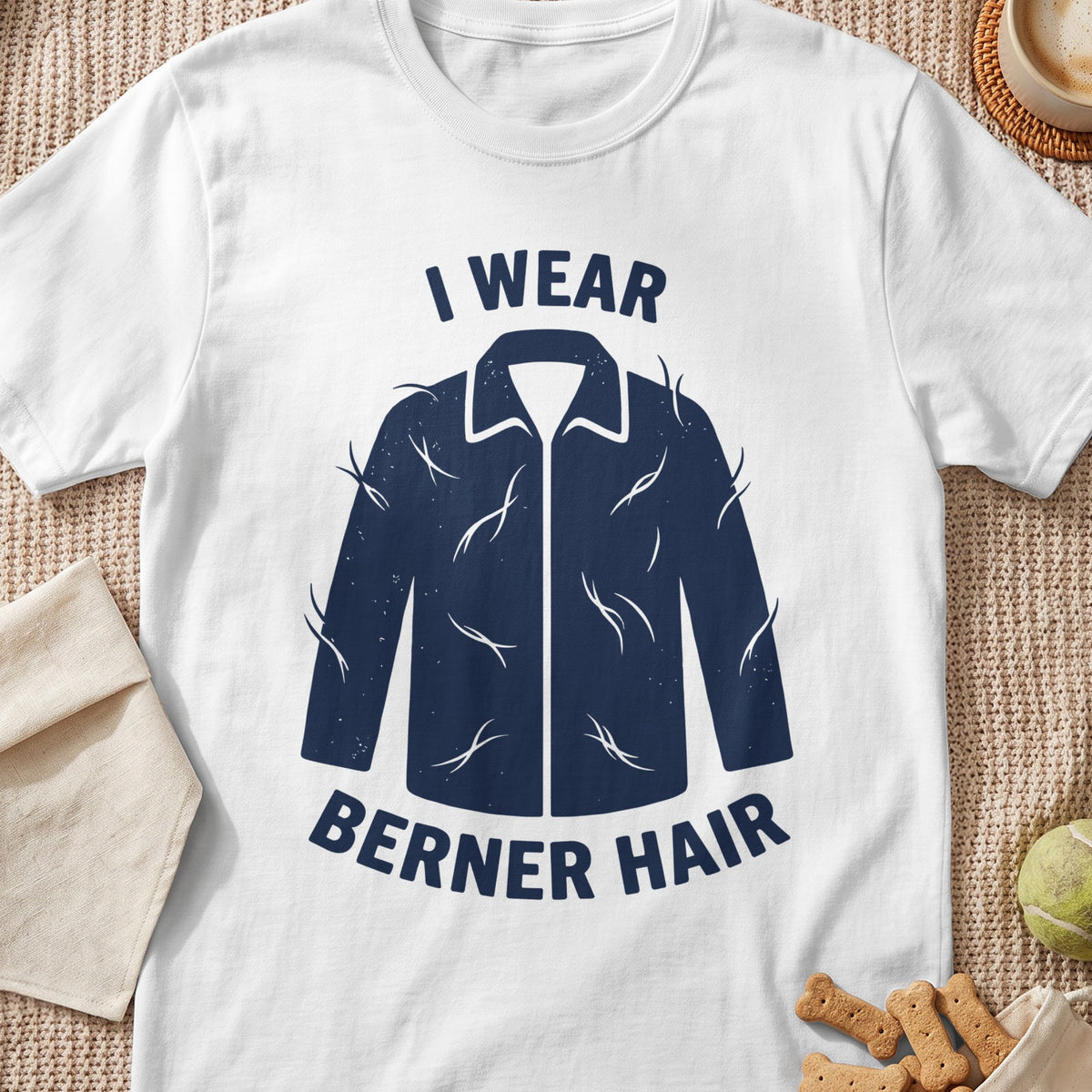 White t-shirt with navy graphic: "I Wear Berner Hair" and a dog coat outline.