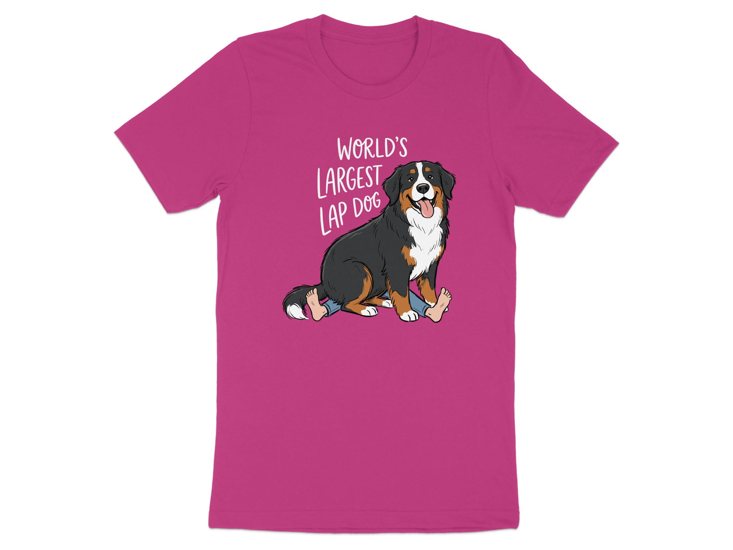 Bernese Mountain Dog sitting on person's legs with "World's Largest Lap Dog" text.
