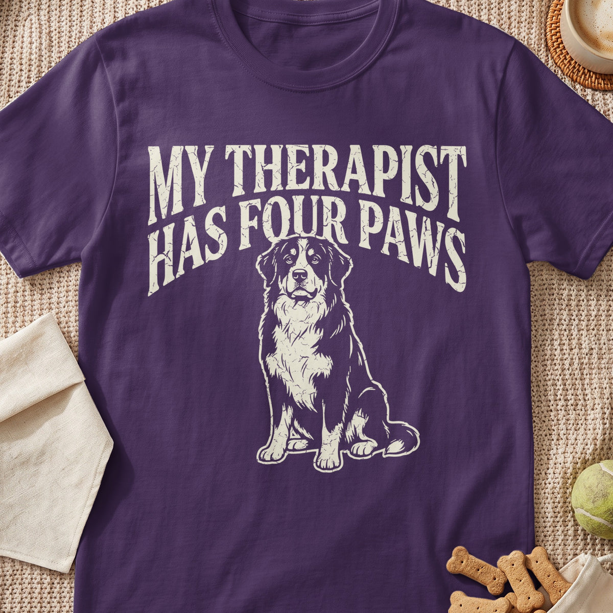 Purple t-shirt with white text "MY THERAPIST HAS FOUR PAWS" and a dog graphic.