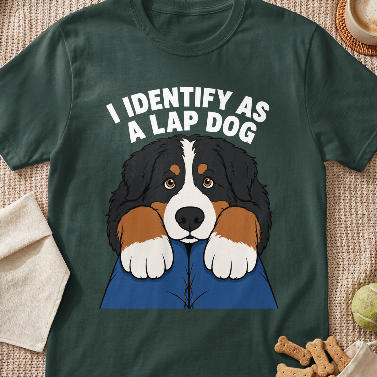 Bernese Mountain Dog graphic tee with "I IDENTIFY AS A LAP DOG" text.