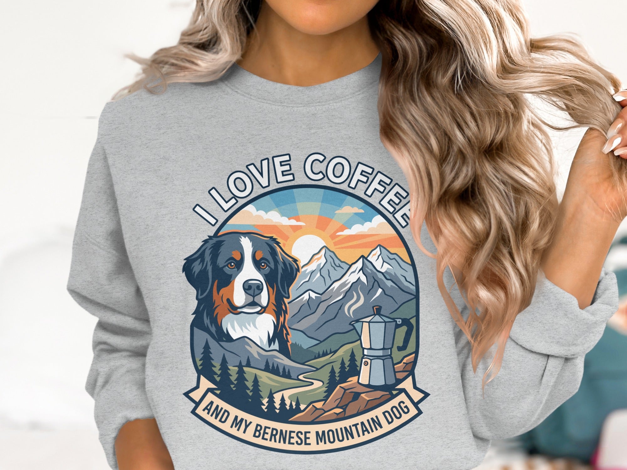 Bernese Mountain Dog portrait with mountains, coffee pot, and text "I LOVE COFFEE AND MY BERNESE MOUNTAIN DOG".