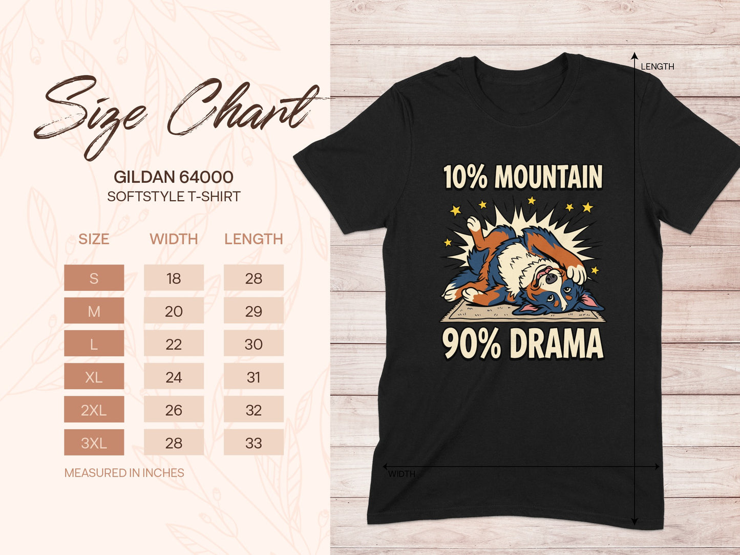 Black t-shirt with cartoon dog graphic and "10% Mountain 90% Drama" text.