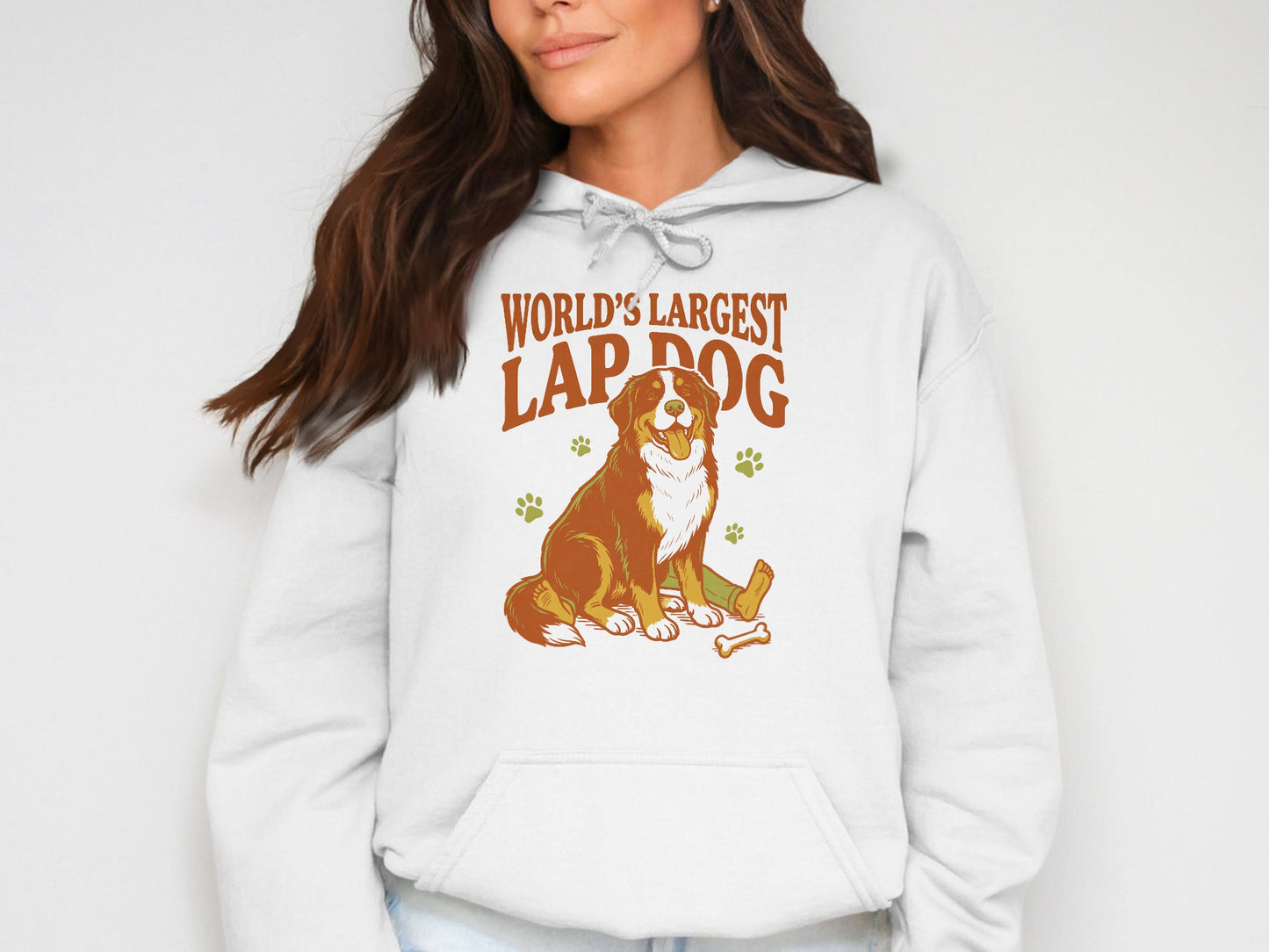 Bernese Mountain Dog graphic on white hoodie with text "World's Largest Lap Dog."