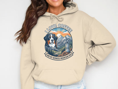 Bernese Mountain Dog with coffee pot and mountains, text "I LOVE COFFEE AND MY BERNESE MOUNTAIN DOG".