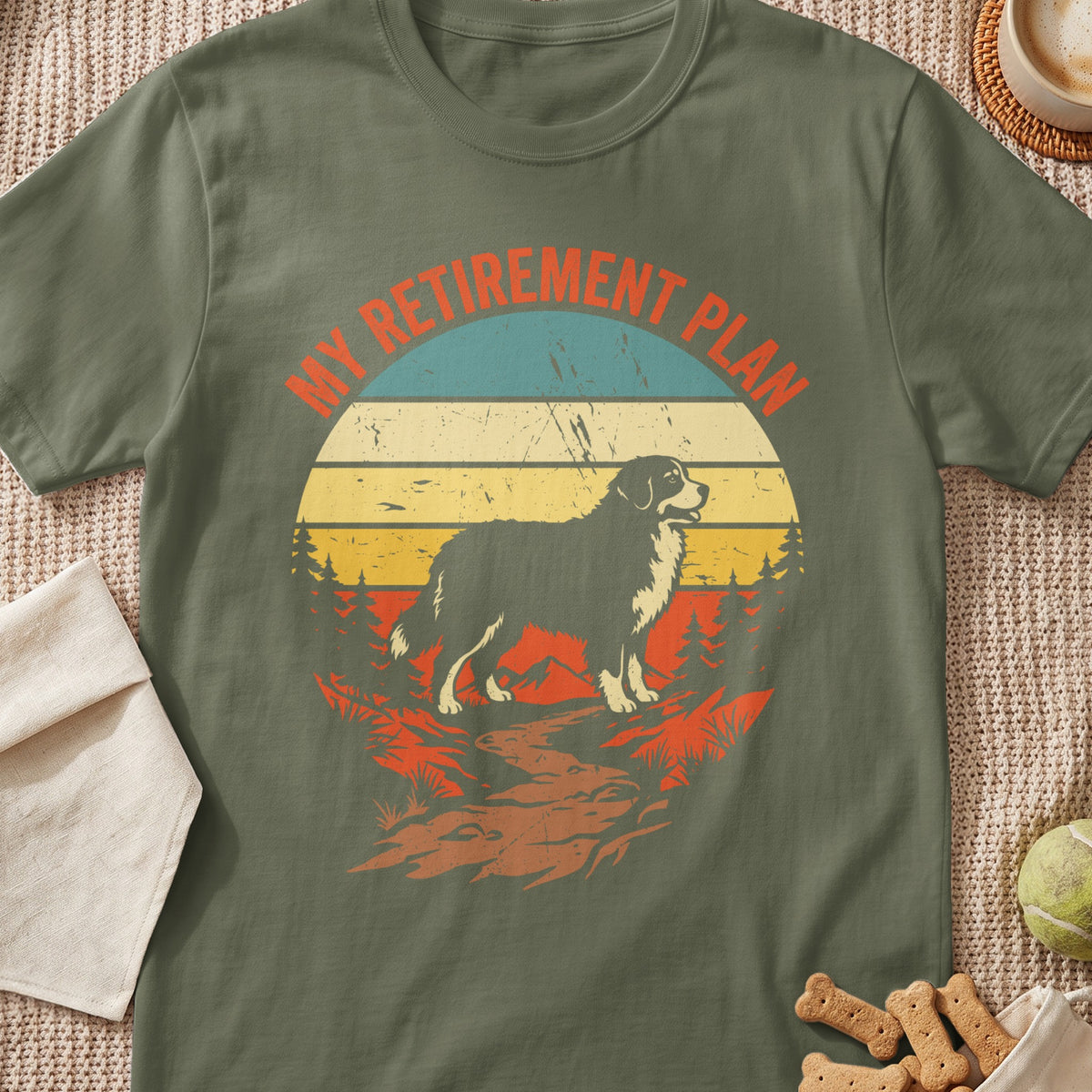 Dog silhouette against vintage sunset with "My Retirement Plan" text.