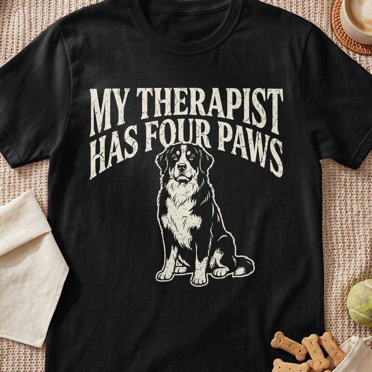 Black t-shirt with distressed text "MY THERAPIST HAS FOUR PAWS" and a dog illustration.