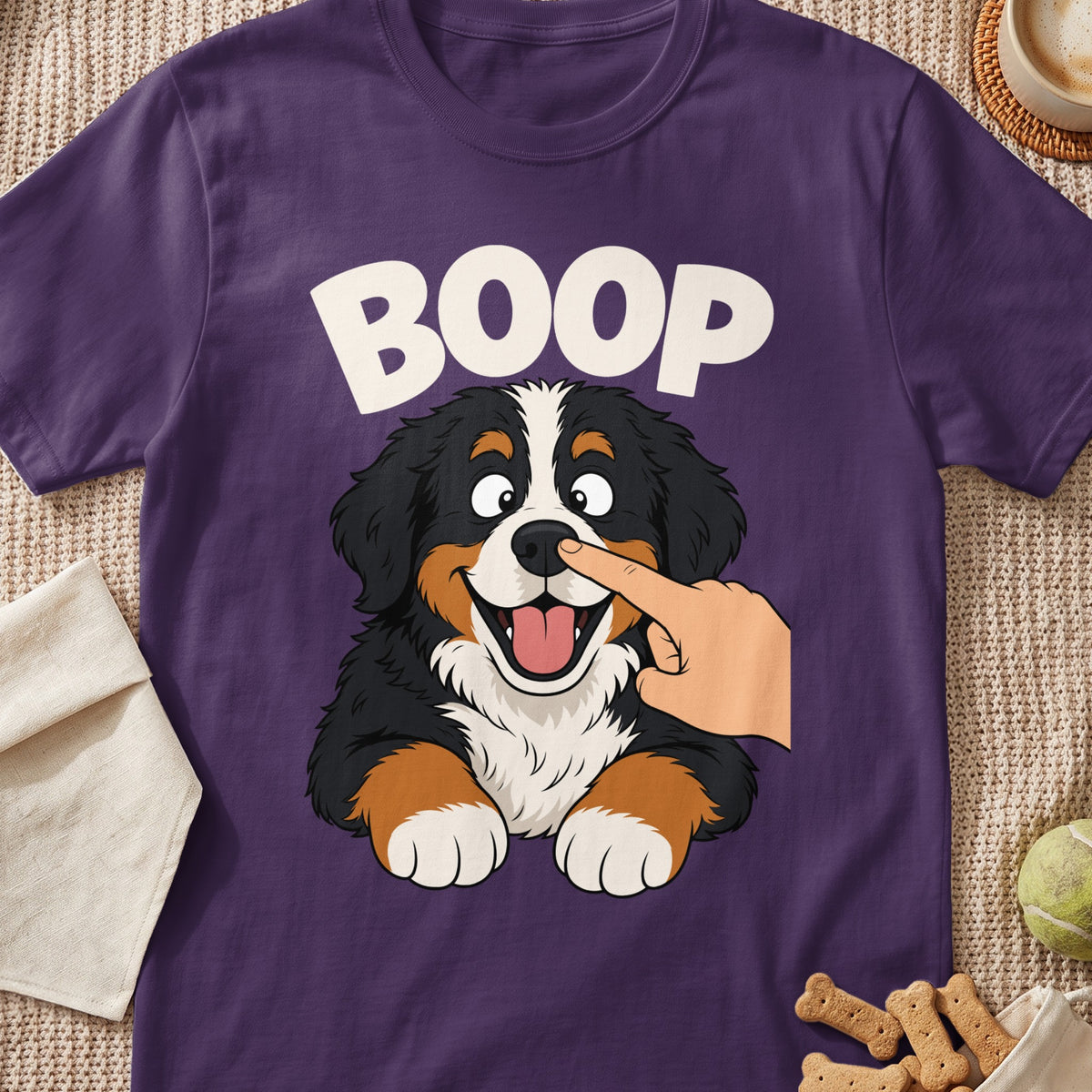 Bernese Mountain Dog puppy with "BOOP" text, finger booping its nose.