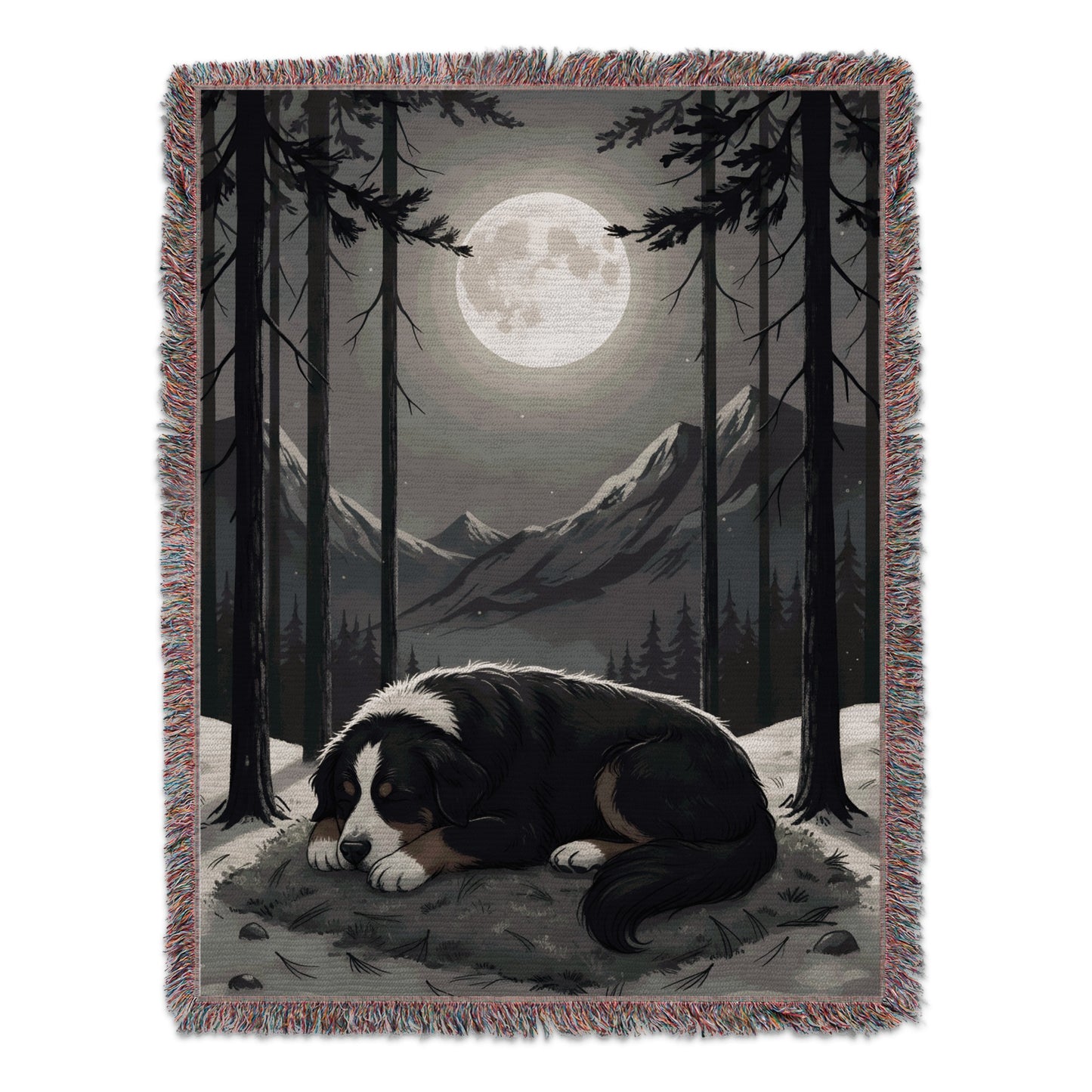 Moonlit Mountain Scene with Resting Dog Blanket