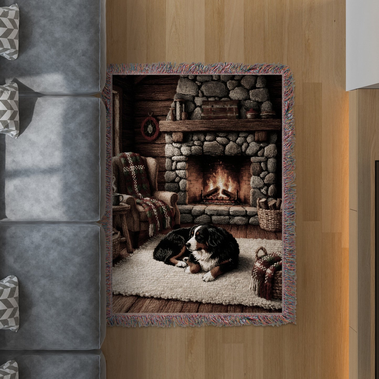 Cozy Cabin Fireplace With Dog Scene Rug