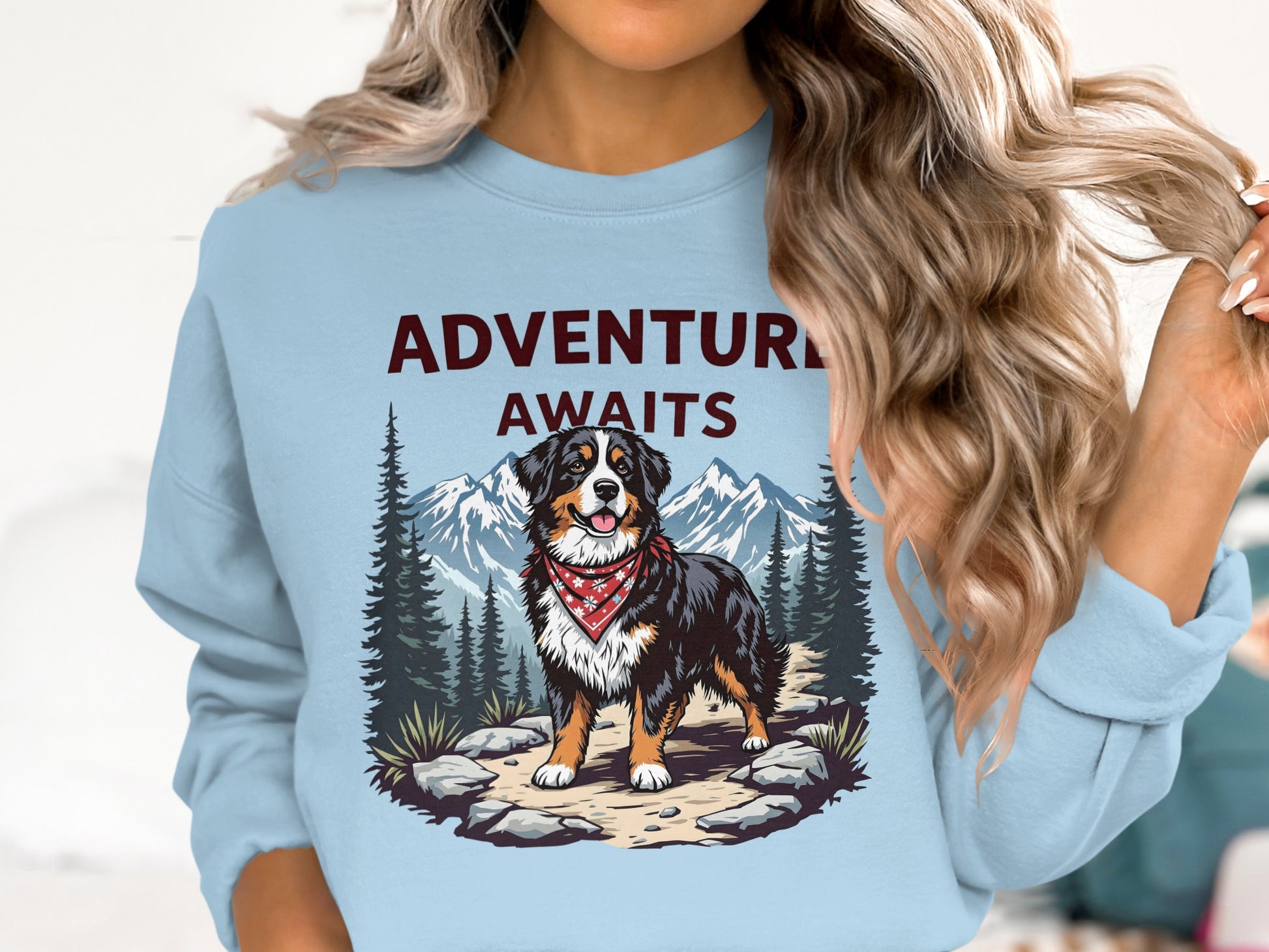 Bernese Mountain Dog wearing bandana on mountain path with text "ADVENTURE AWAITS".
