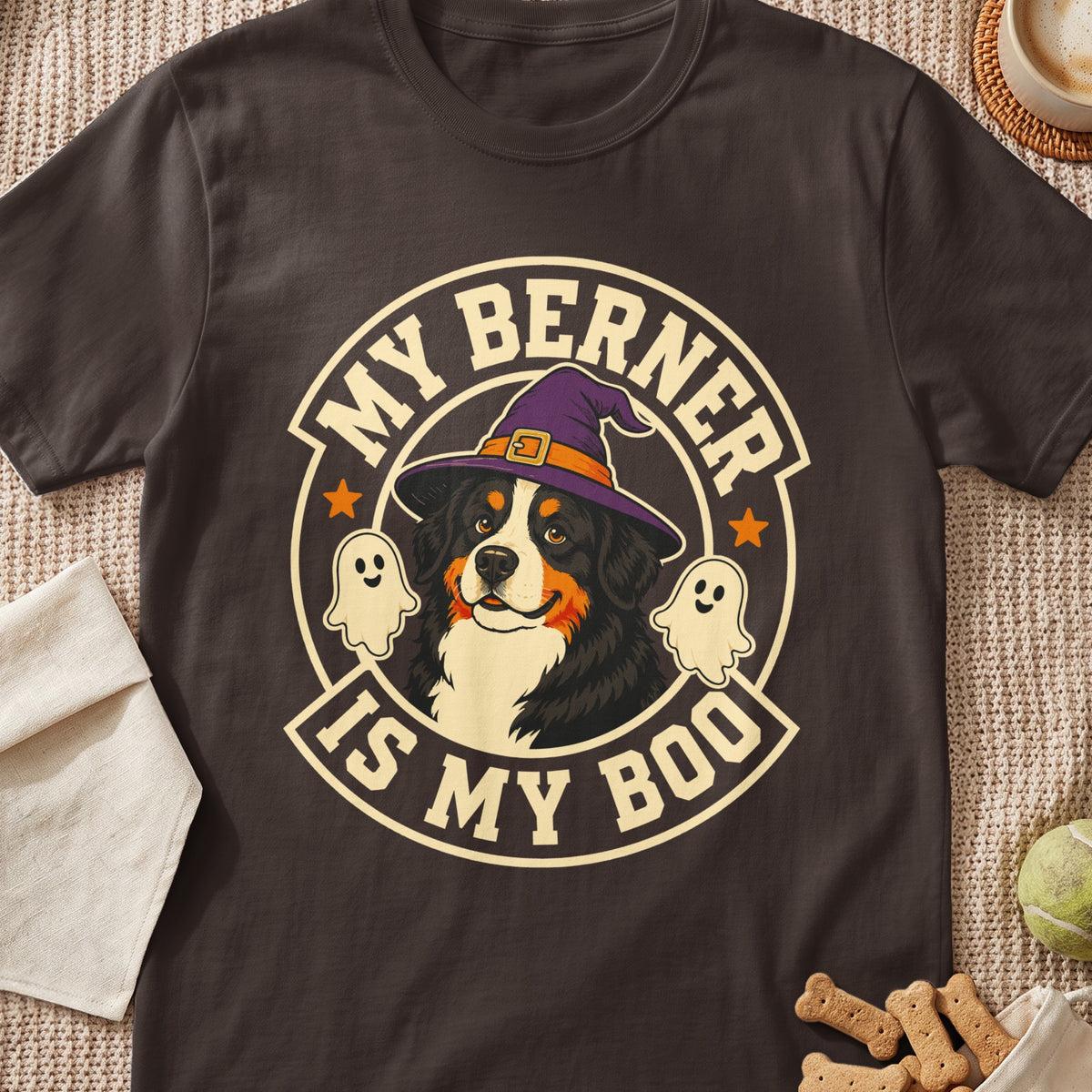 Bernese Mountain Dog wearing witch hat, text "My Berner Is My Boo" with ghosts.