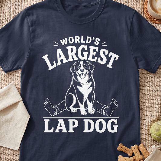 Navy t-shirt with "World's Largest Lap Dog" text and a dog graphic.