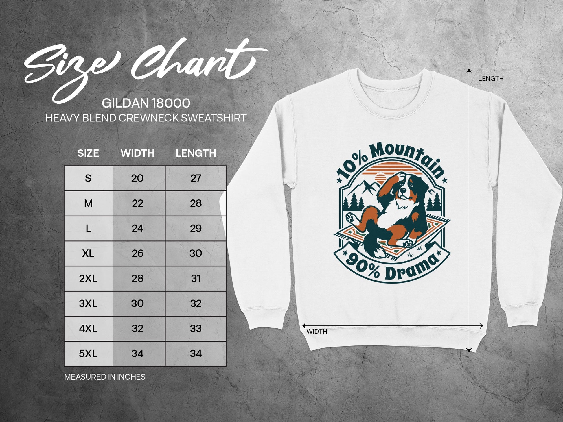 Gildan 18000 sweatshirt size chart with dimensions and a graphic of a dog.