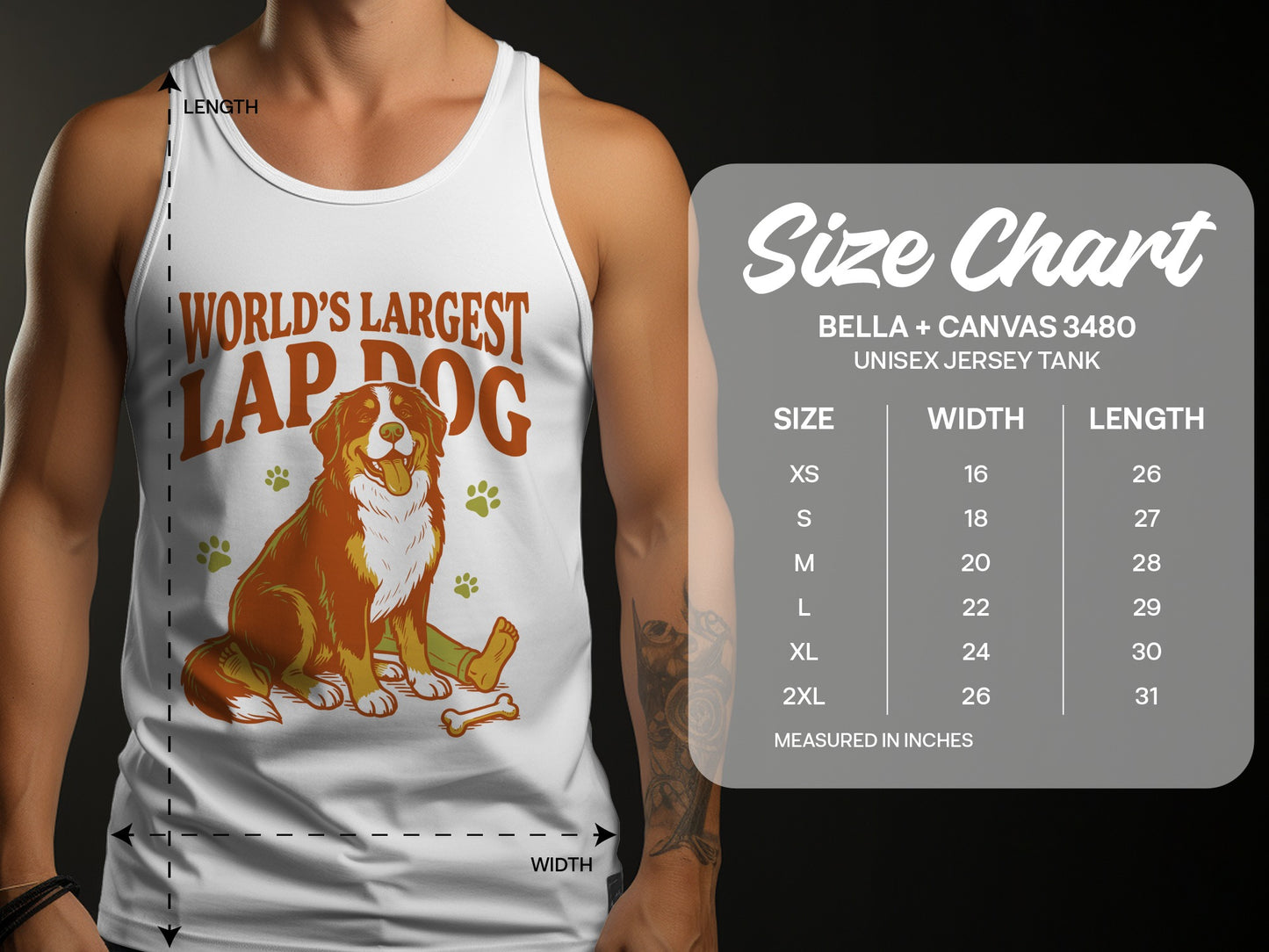 White tank top with "World's Largest Lap Dog" text and dog graphic, plus size chart.