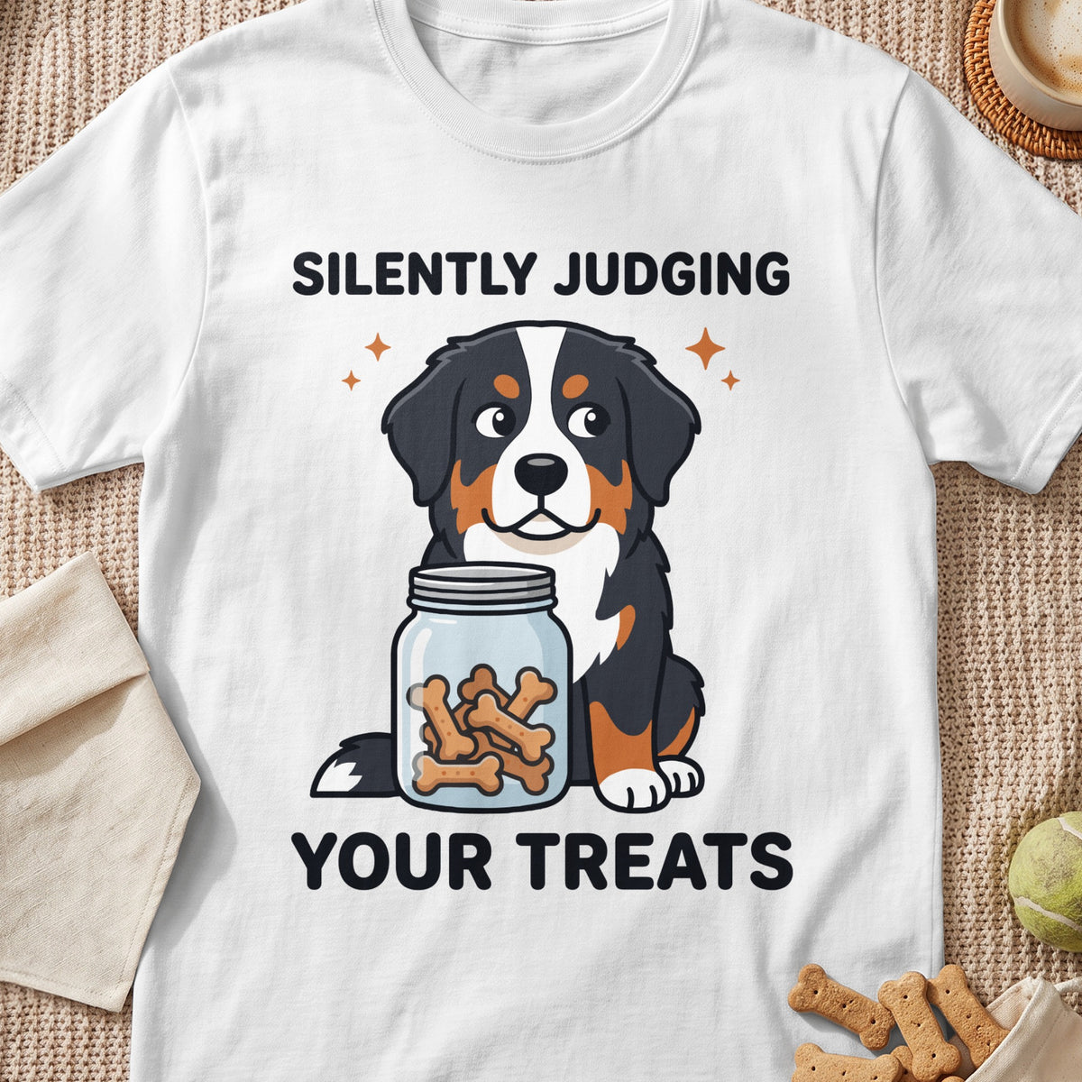 Bernese Mountain Dog sits by a jar of bone treats with text "Silently Judging Your Treats".