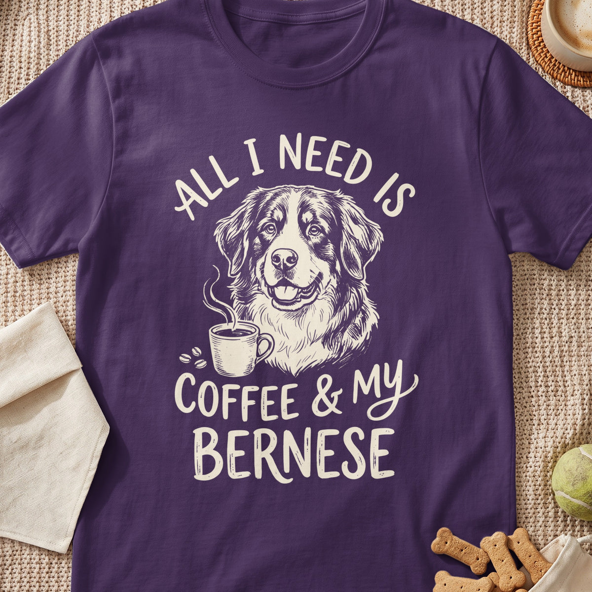 Purple t-shirt with sketch of Bernese dog, coffee cup, and text "All I Need Is Coffee & My Bernese".