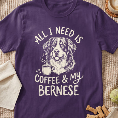 Purple t-shirt with sketch of Bernese dog, coffee cup, and text "All I Need Is Coffee & My Bernese".