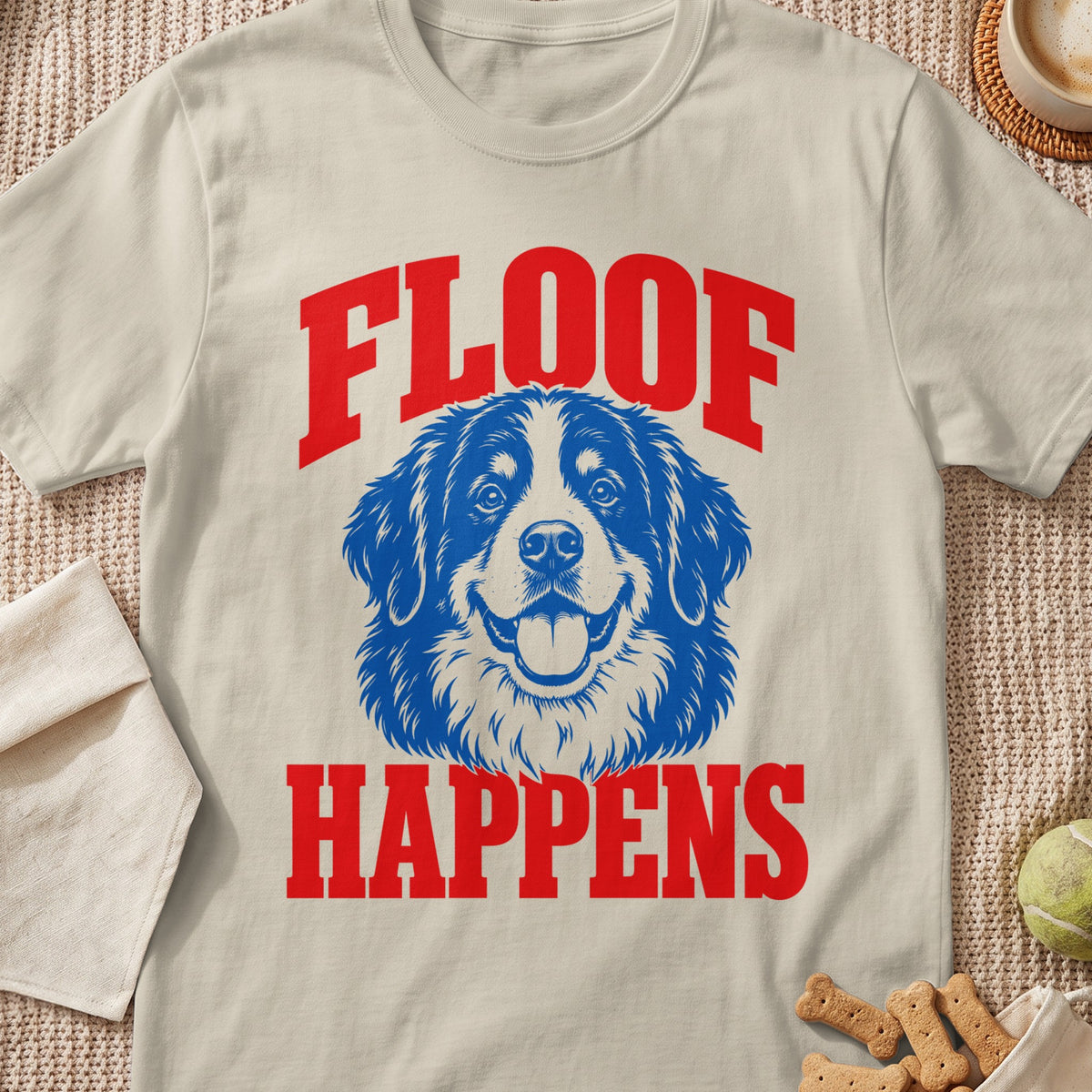 Cream t-shirt with blue dog graphic and red text "FLOOF HAPPENS".